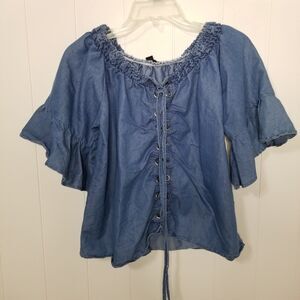 TAXI Women's Chambray Top Women's Size 1X Blue Ruffled Sleeve Grommets